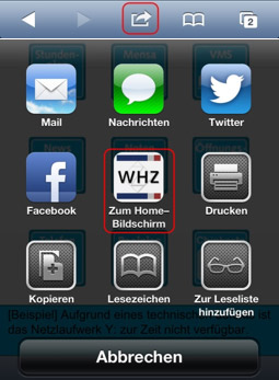Bild 1 welches das einstellen eines Schnellzugriffes der WebApp für iOS Systeme zeigt