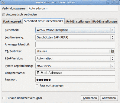 Bild welches die Konfiguration von eduroam in Linux zeigt.