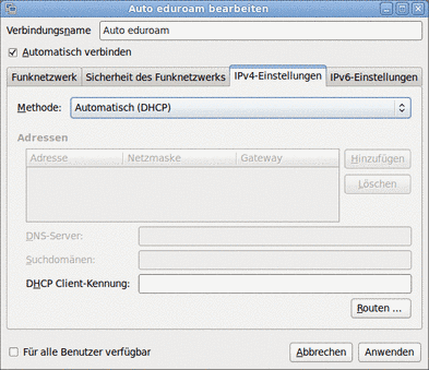 Bild welches die Konfiguration von Eduroam in Linux zeigt.