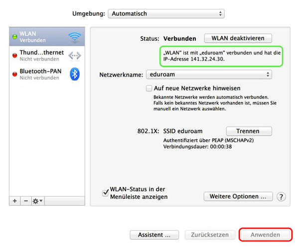 Bild welches die Konfiguration von Eduroam in iOS zeigt.