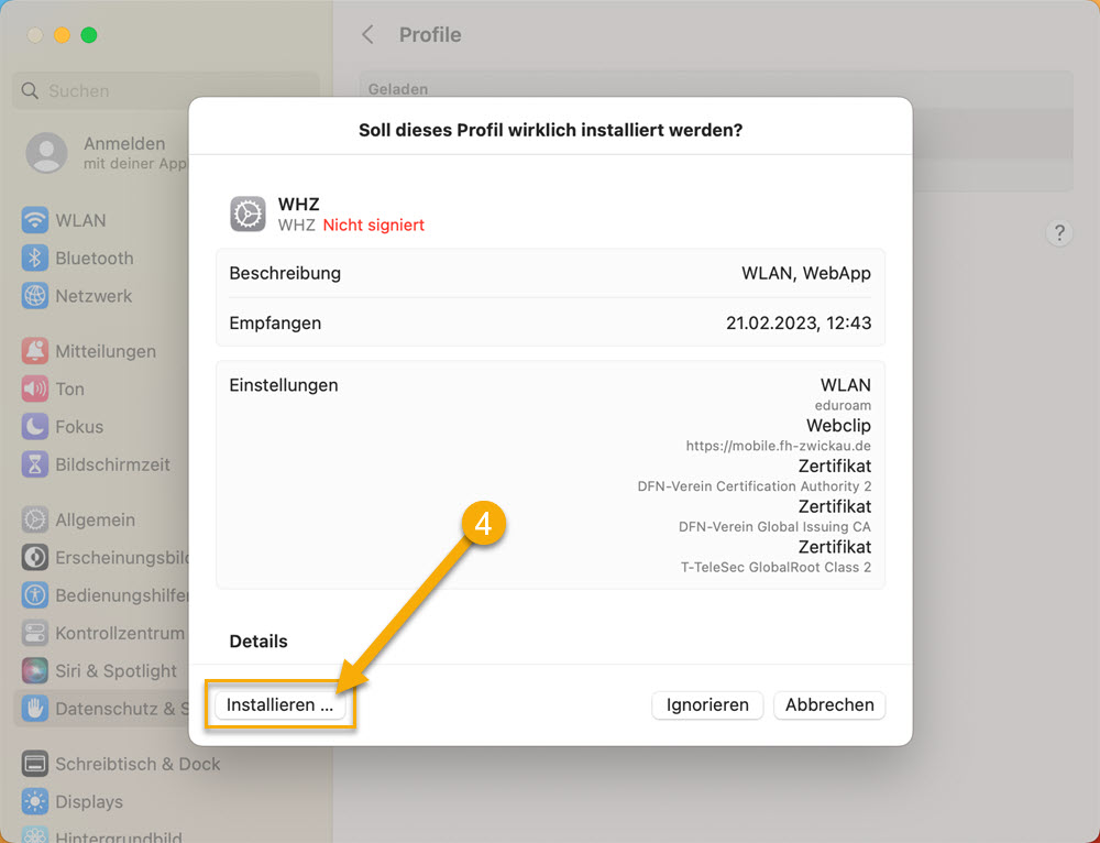Screenshot - WLAN Konfiguration Apple macOS, Schritt 4