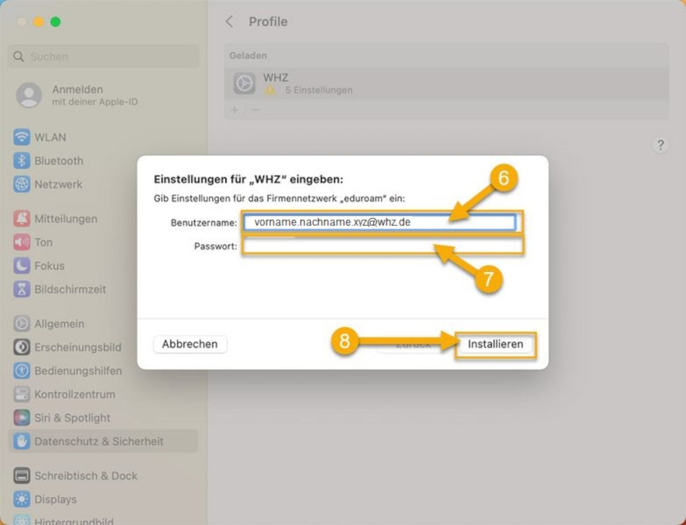 Screenshot - WLAN Konfiguration Apple macOS, Schritt 6, 7 und 9