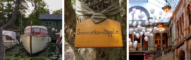 Symbolbild: Wege ins Ausland, Erfahrungsberichte. Fotoreihe mit drei Bildern. Ein Boot, ein Schild an einem Baum, ein Hallenfoyer.