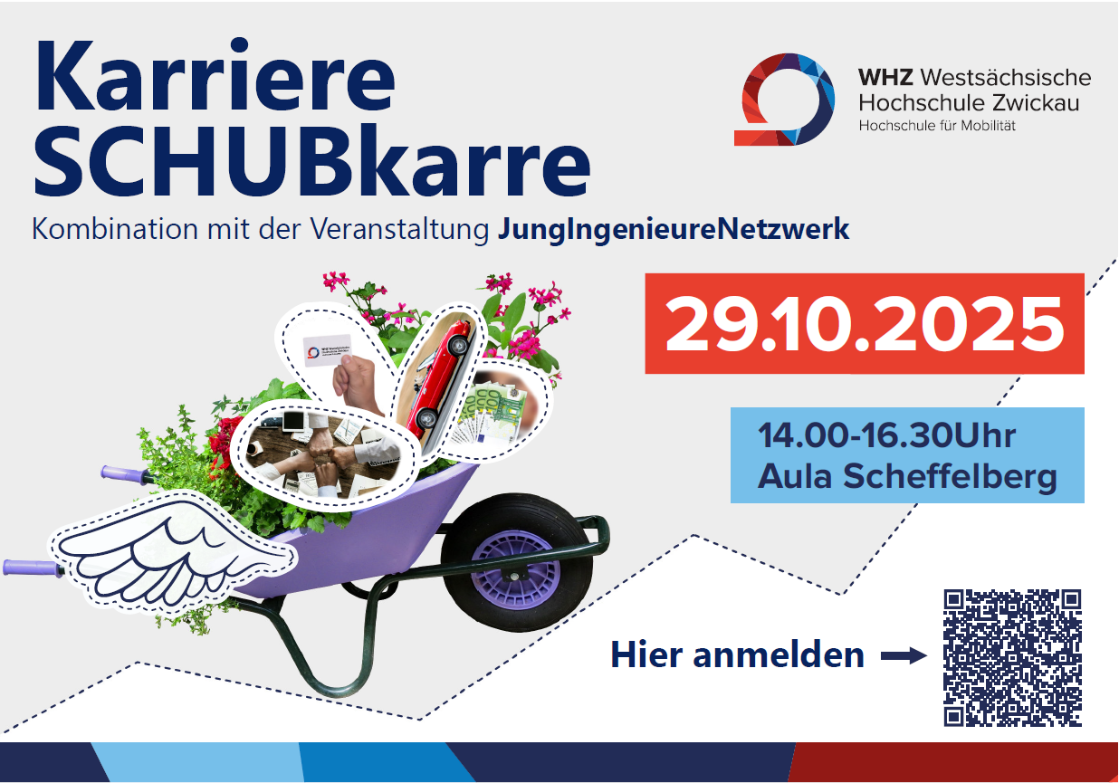 Einer Schubkarre ist gefüllt mit Karrieredingen, wie Geld, Auto, Kollegenhänden. Daneben ist noch ein QR-code