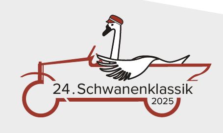 zu sehen ist das Logo der Schwanenklassik, ein skizzierter Schwan, der in einem Oldtimer sitzt