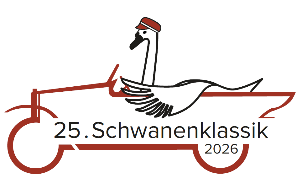 zu sehen ist das Logo der Schwanenklassik, ein skizzierter Schwan, der in einem Oldtimer sitzt