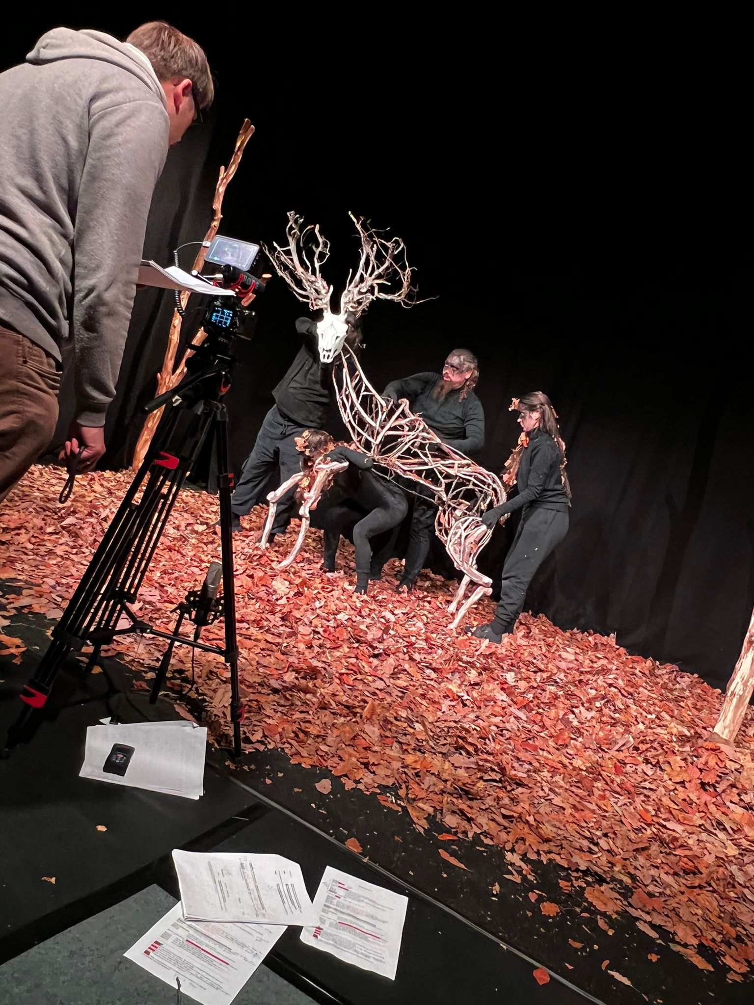 Foto: Skeletthirsch wird von Personen animiert, eine Person filmt, Puppentheater Zwickau