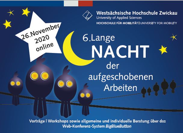 Plakat: dunkelblauer Hintergrund, gelber Mond und Sterne, weiße Schrift 6. Lange Nacht der aufgeschobenen Arbeiten.