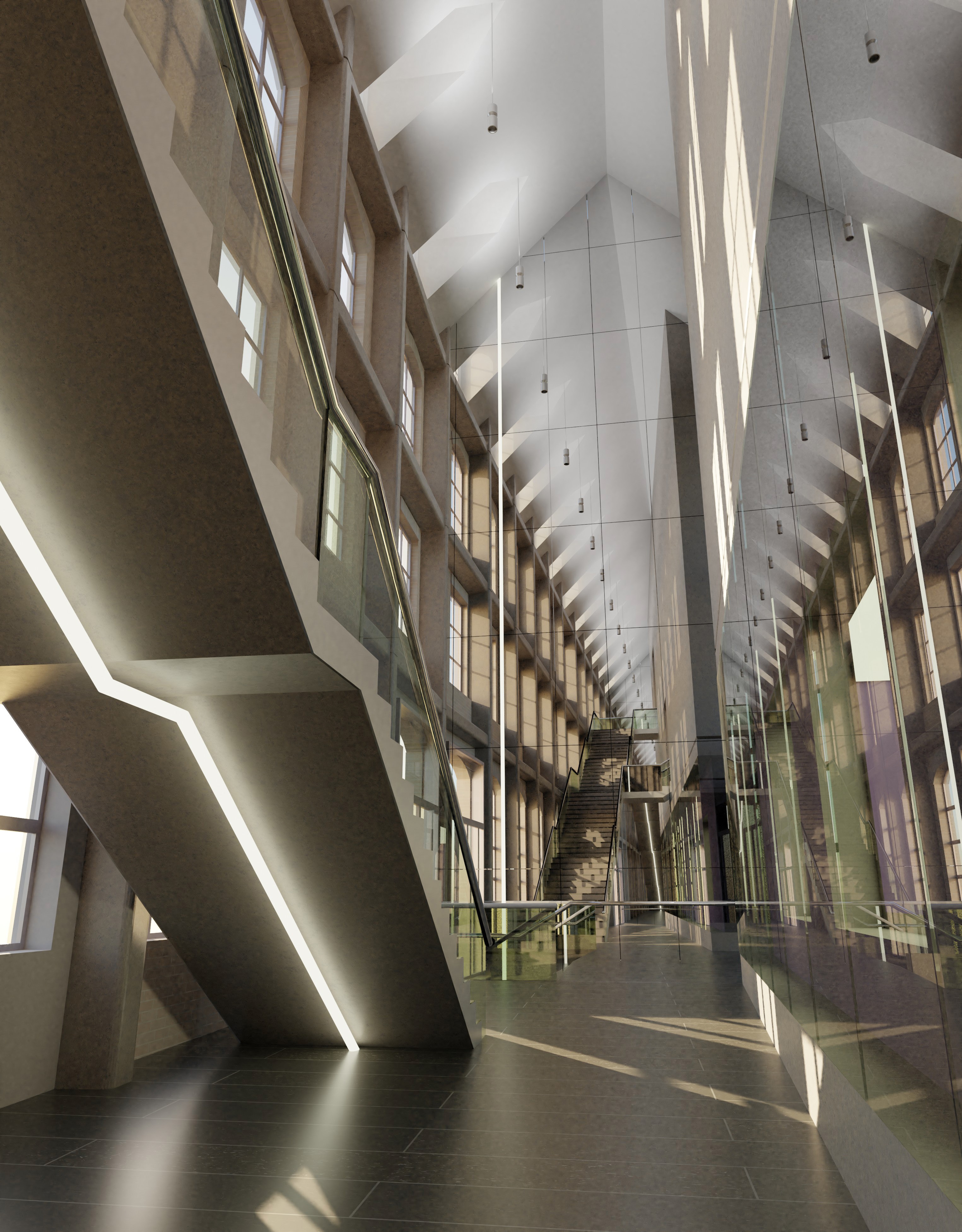 Grafik: Ein sehr hoher Raum mit einer großen Treppe wird kunstvoll beleuchtet.