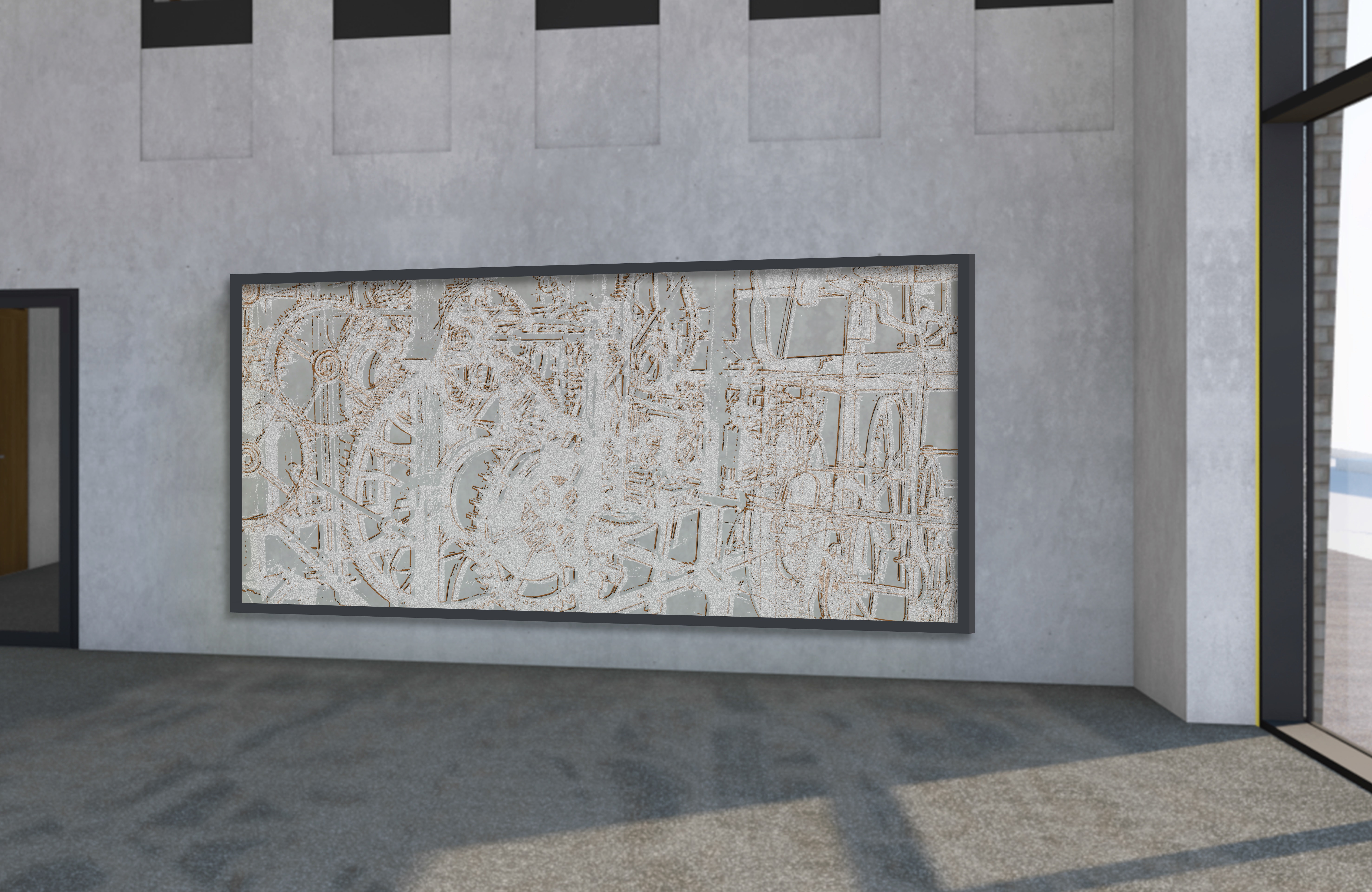 Grafik: An einer Betonwand hängt ein sehr großes Bild, auf dem Zahräder und andere technische Teile künstlerisch verbunden sind.