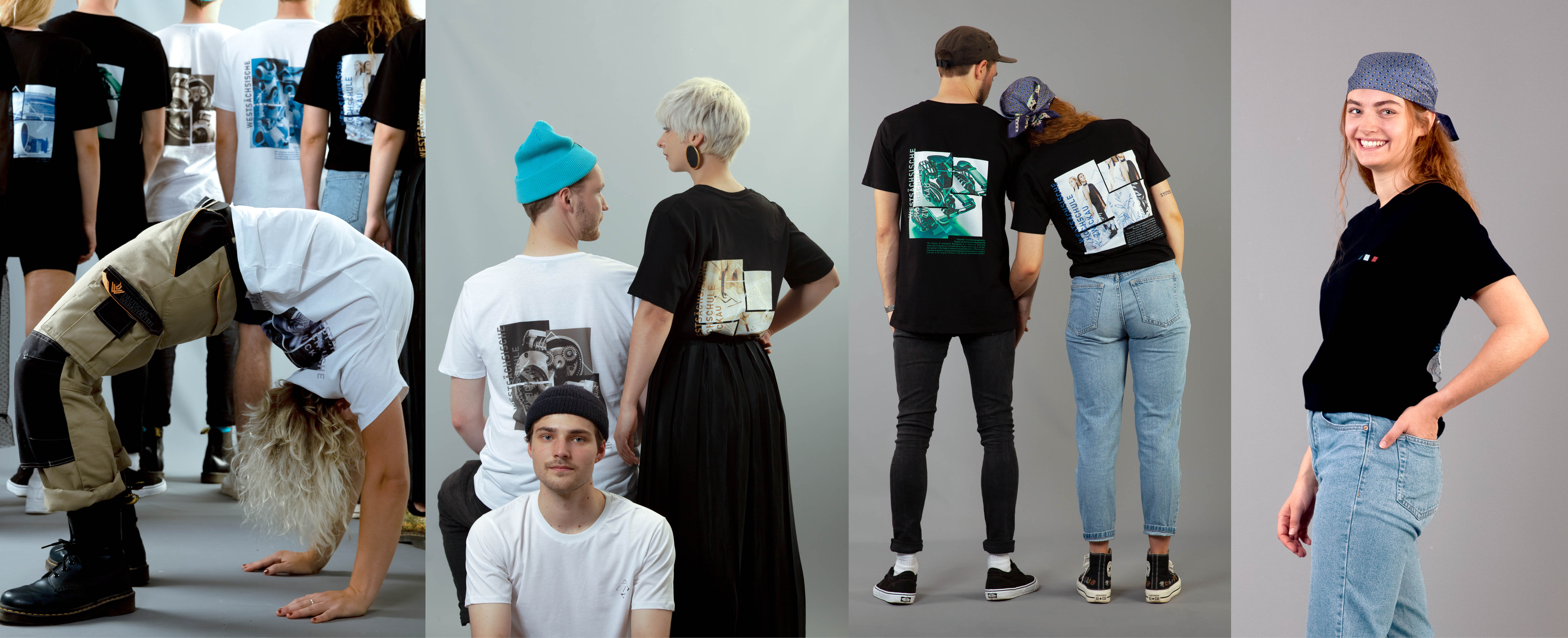 Eine Collage zeigt 4 Bilder. Ganz links sieht man eine Gruppe junger Menschen von hinten. Sie tragen alle bedruckte T-Shirts in Weiß und Schwarz. Im Vordergrund sieht man eine jungen Frau mit einem weißen Shirt und einer beigefarbenen Arbeitshose. Sie hat blonde Locken und macht eine sportliche Figur. Auf dem 2. Foto sieht man 3 junge Menschen, eine Frau und 2 Männer. Sie tragen wieder diese bedruckten T-Shirts. Auf dem 3. Foto sieht man eine junge Frau mit Kopftuch und einen jungen Mann von hinten. Die Frau legt ihren Kopf auf die Schultern des Mannes. Das 4. Foto zeigt eine Nahaufnahme der jungen Frau mit gebundenem Kopftuch. Sie lacht und trägt ein schwarzes Shirt und eine hellblaue Jeans. Eine Hand steht sie in die Hosentasche.
