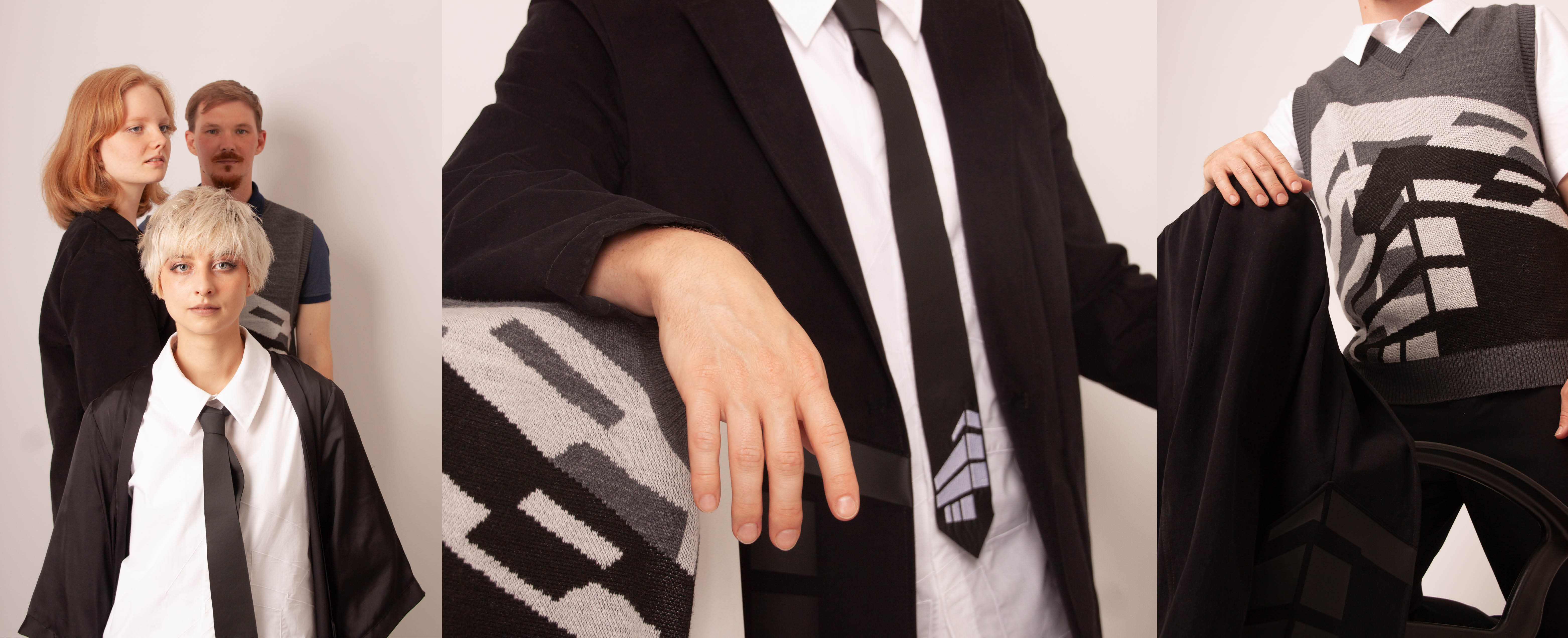 Eine Collage zeigt 3 Fotos. Links sieht man eine Gruppe von 3 jungen Menschen. Sie tragen alle schwarz, weiß und graue Businesskleidung. Das Foto in der Mitte zeigt eine Nahaufnahme von einem gemusterten Pullunder in verschiedenen Grautönen. Auch eine schwarz-weiße Krawatte ist zu sehen. Das Bild rechts zeigt die Nahaufnahme eines Mannes, der das weiße Hemd, darüber einen Pullunder und eine schwarze Hose trägt. In der Hand hält er das schwarze Sakko.