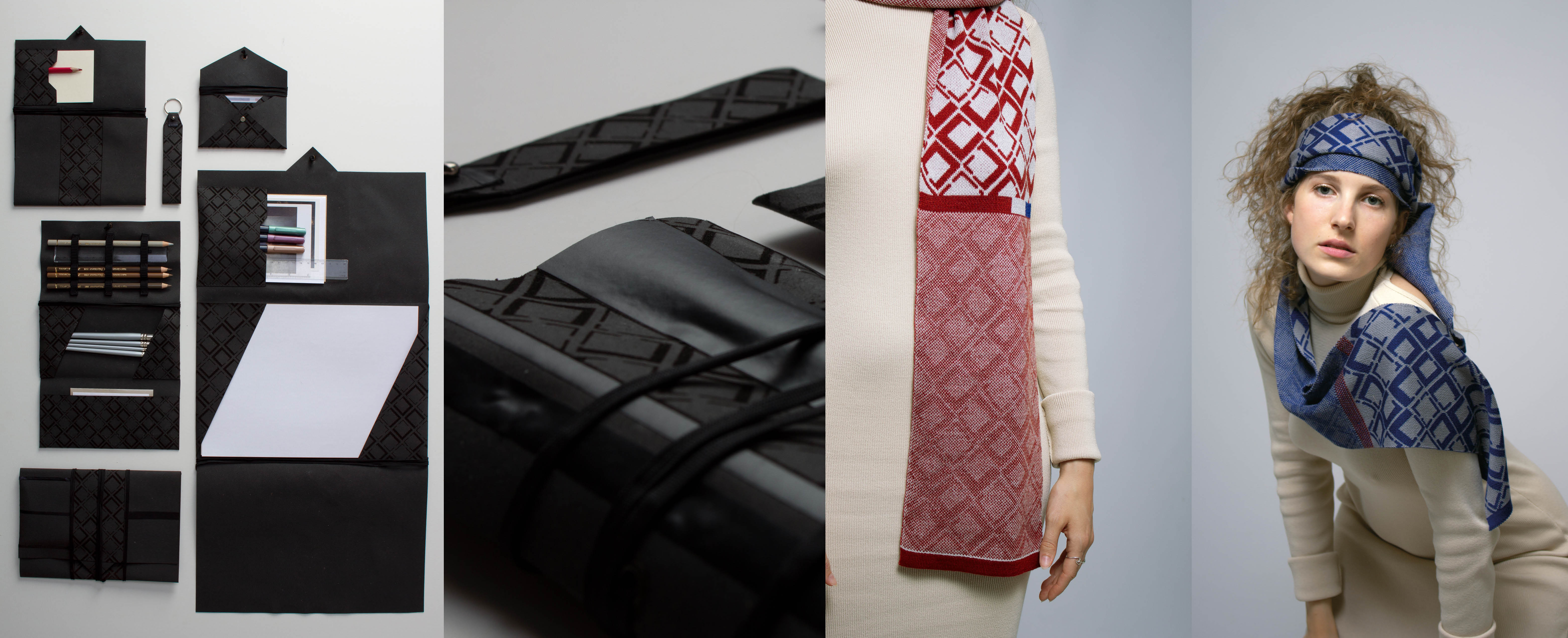 Eine Collage 4 Fotos. Das erste Foto zeigt ein Flatlay von verschiedenen, schwarzen Accessoires. Es zeigt eine Stiftetasche, einen Schlüsselanhänger, eine Tasche für Visitenkarten und andere Mappen. Auf dem 2. Foto sieht man eine Nahaufnahme davon. Das 3 Foto zeigt eine Nahaufnahme einer Frau mit cremefarbenen Kleid und einem rot gemusterten Strickschal. Auf dem Foto ganz rechts sieht man die jungen Frau mit lockigen Haaren. Sie hat einen blau gemusterten Strickschal um ihren Kopf gebunden.