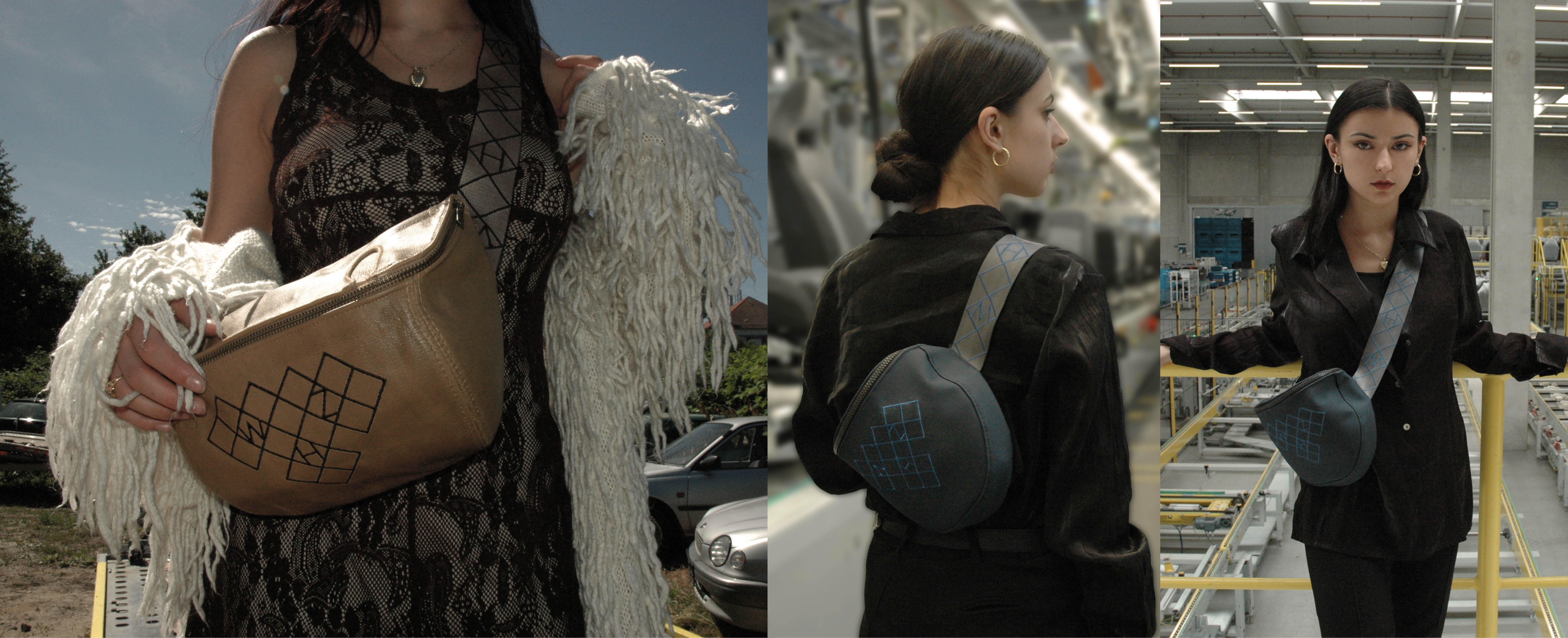 Eine Collage zeigt 3 Bilder. Links sieht man eine junge Frau mit offenen schwarzen, langen Haaren. Sie trägt ein schwarzes Spitzenkleid und einen cremefarbenen Mantel mit Fransen. Sie hat eine beigefarbene Tasche um. Darauf sieht man eine schwarze Stickerei in Rautenform mit den Buchstaben WHZ auf der Front und auch den Taschengurtbändern. Das Foto in der Mitte zeigt die jungen Frau in einer Fabrik. Man sieht sie von hinten. Sie trägt ihre Haare hochgebunden. Sie trägt auf dem Rücken eine graue Tasche mit einer blauen Stickerei. Das Foto rechts zeigt die junge Frau mit offenen Haaren in einer Fabrik. Sie hält sich mit ihren Händen an einem gelben Geländer fest. Auch hier trägt sie die graue Tasche mit blauer Stickerei.