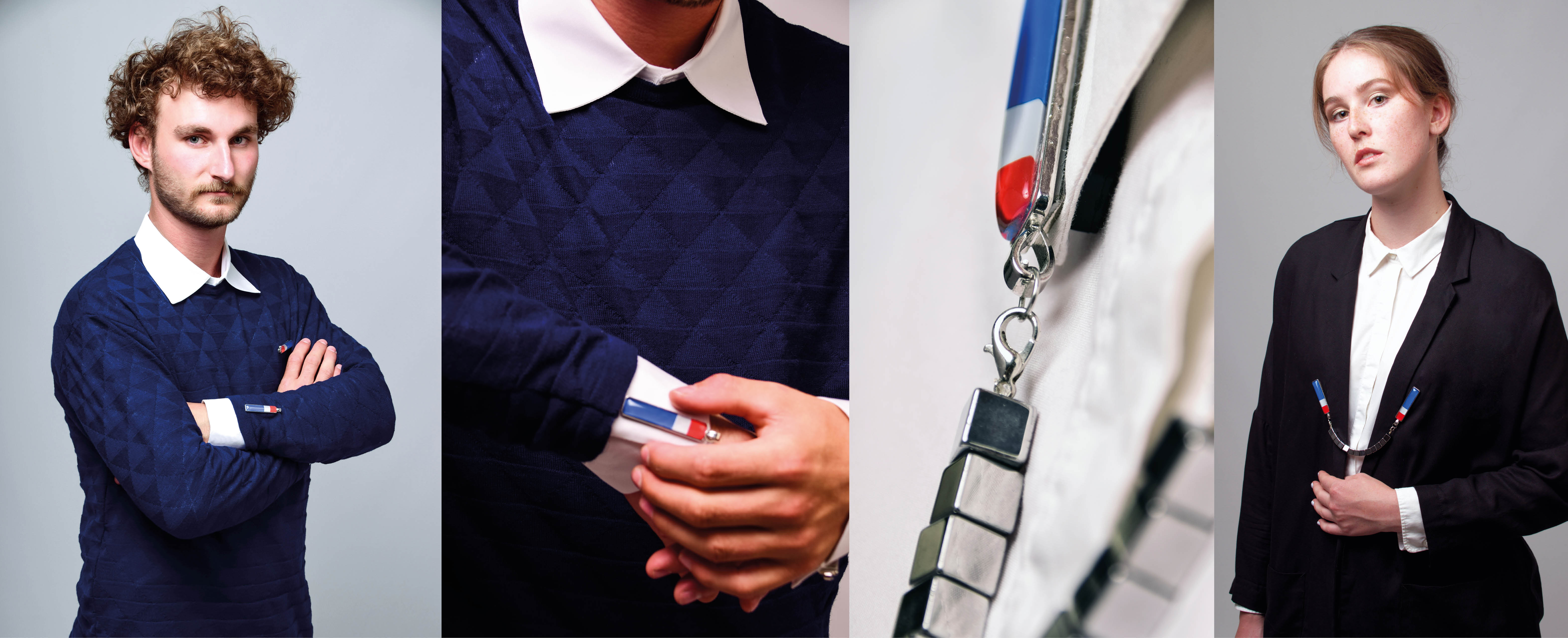 Eine Collage zeigt vier Bilder. Das erste Foto zeigt einen Mann mit einem blauen Pullover und einem weißen Hemd. Das zweite zeigt eine Detailansicht der Manschette. Das dritte Foto zeigt eine Detailansicht der Schmuckkette. Auf dem vierten Bild ist eine blonde Frau zu sehen mit einem schwarzen Blazer und einer weißen Bluse.