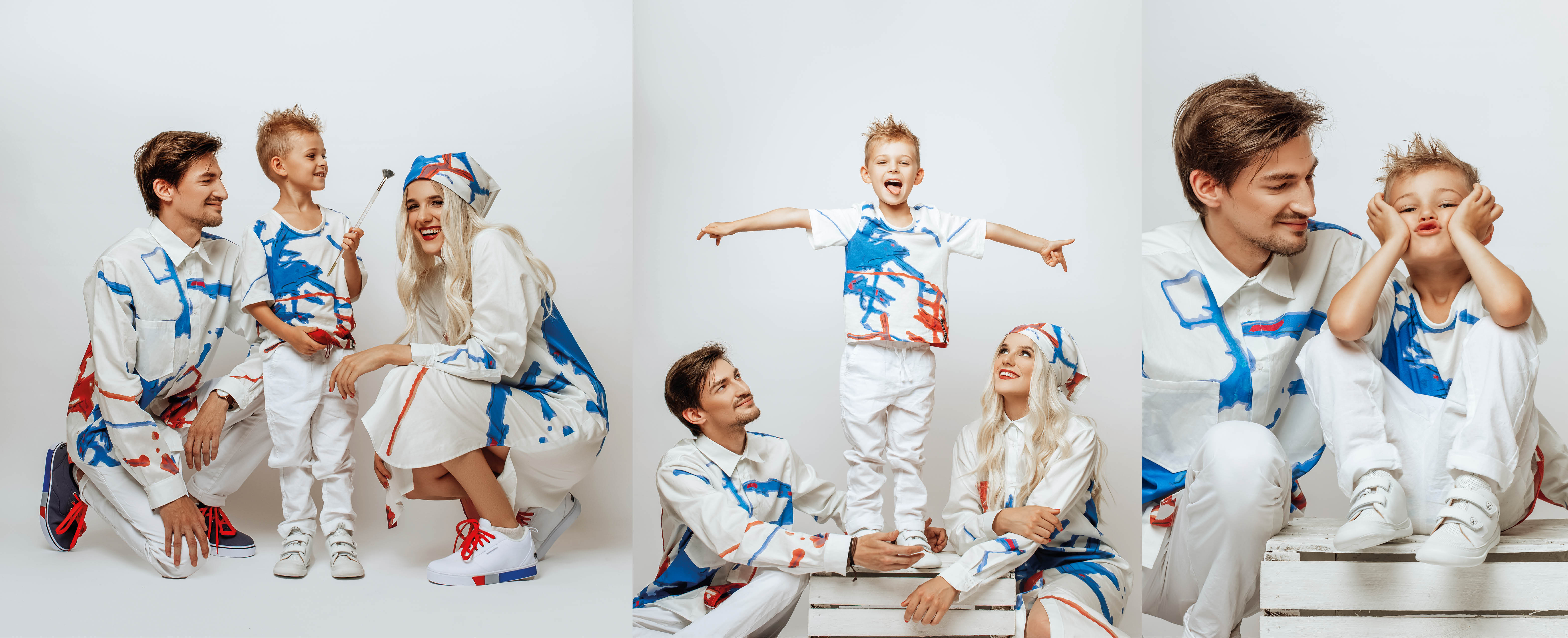 Eine Collage zeigt 2 Bilder. Auf dem ersten Bild sieht man einen Mann mit gemustertem Hemd und weißer Hose, eine Frau mit gemusterten Blusenkleid und Kopftuch und ein Junge mit einem bunten T-Shirt, der einen Pinsel in der Hand hält. Das Muster der Kleidung ist auffällig bunt in rot, blau und weiß. In der Mitte steht der Junge auf einer weißen Kiste und lacht. Das rechte Bild zeigt den Mann und den Jungen, der eine Grimasse zieht.