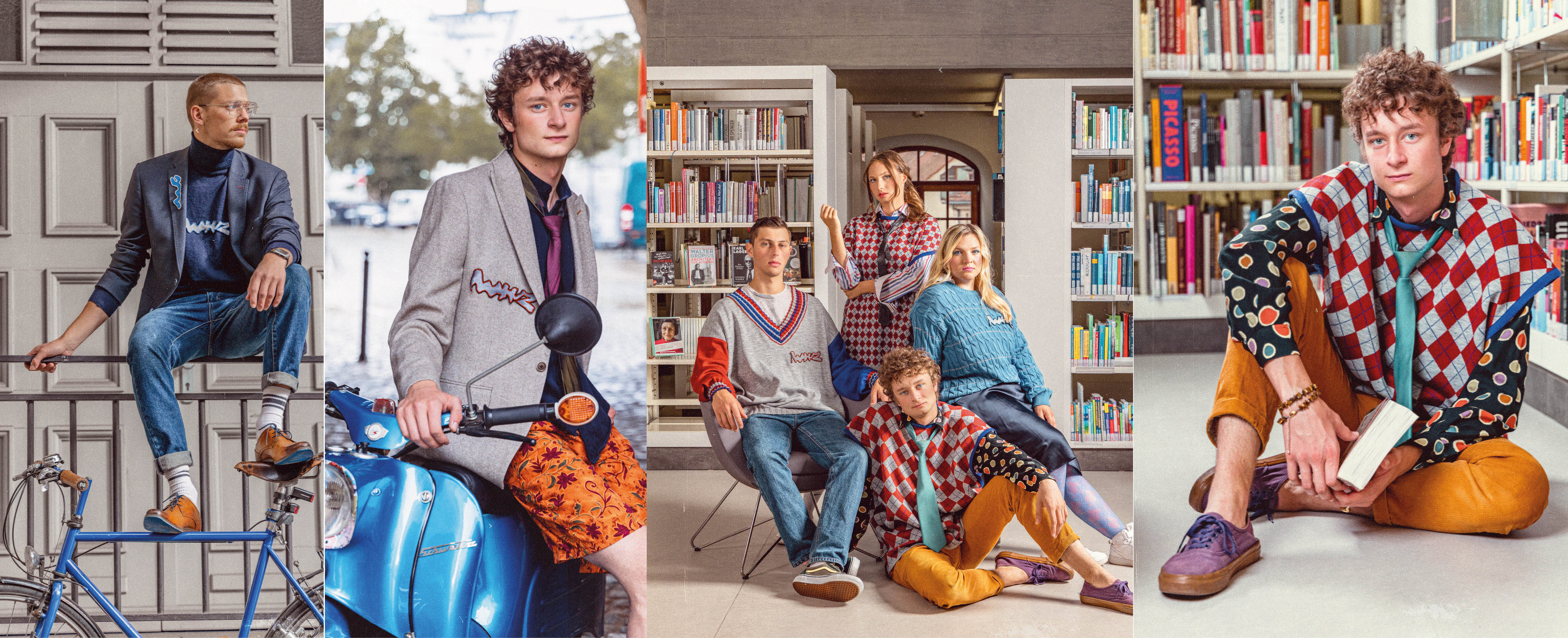 Eine Collage zeigt 4 Bilder. Auf dem ersten Foto ist ein junger Mann mit kurzen Haaren und Brille zu sehen. Er sitzt auf einem Geländer. Vor ihm steht ein Fahrrad. Er trägt einen dunkelblauen Rollkragenpullover und eine Jeans. Darüber trägt er ein blaues Sakko. Das zweite Foto zeigt einen jungen Mann mit Locken. Er lehnt an einem Moped. Er trägt eine auffällige gelb gemusterte kurze Hose, eine pinkfarbene Krawatte und ein graues Sakko, auf dem ein auffälliges Patch am Revers angebracht ist. Das dritte Foto zeigt eine Gruppe junger Menschen in einer Bibliothek. Sie sind alle auffällig und bunt gemustert gekleidet. Das vierte Foto zeigt wieder den jungen Mann mit den Locken. Er sitzt auf dem Fußboden in einer Bibliothek und hält ein Buch in seinen Händen.