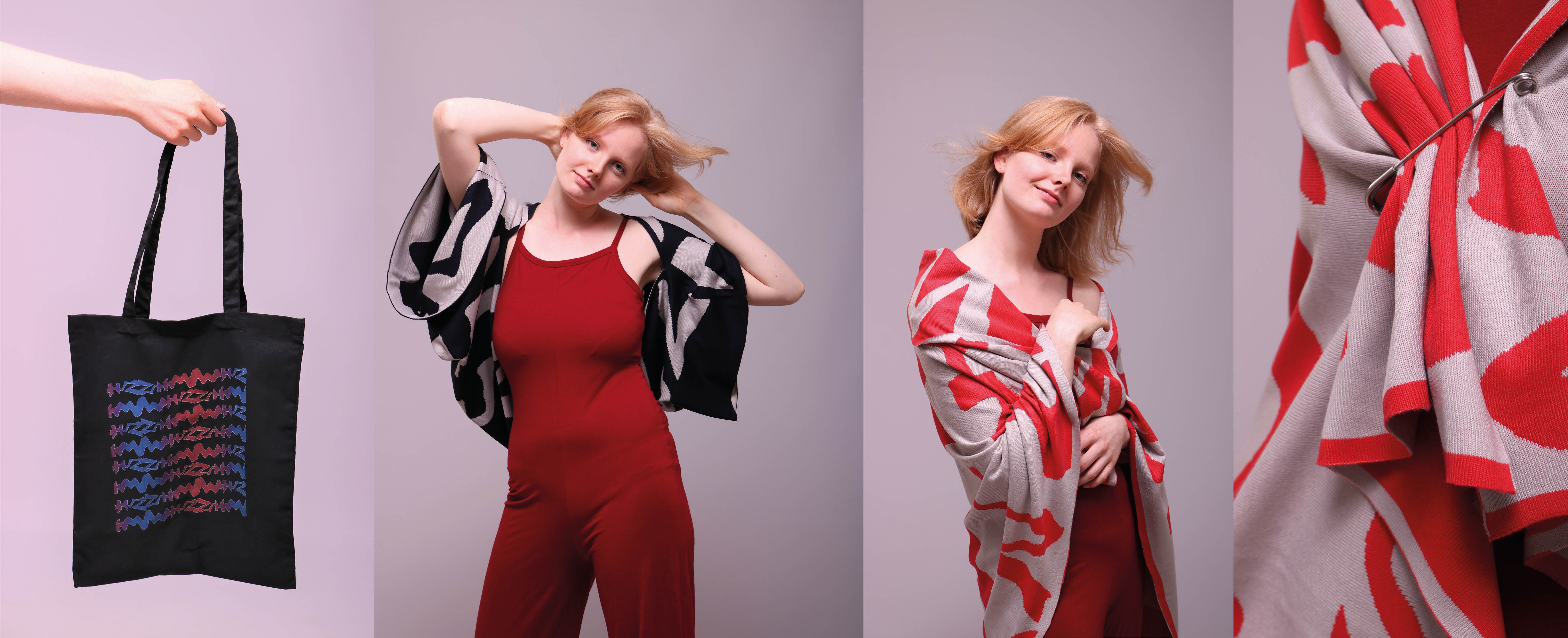 Eine Collage zeigt 4 Bilder. Auf dem ersten Foto kann man einen schwarzen Beutel sehen. Dieser zeigt einen auffälligen Schriftzug in blau-rot. Auf dem 2. Foto sieht man eine stehende jungen Frau mit rotblonden Haaren. Sie wehen im Wind. Sie trägt einen roten Jumpsuit und einen Cardigan mit einem Strickmuster in dunkelblau und hellgrau. Sie verschränkt die Hände hinter ihrem Kopf. Das 3. Foto zeigt eine Nahaufnahme von dieser Frau. Hier trägt sie ein Cape, das rot und hellgrau gemustert ist. Das 4 Foto zeigt eine Nahaufnahme von diesem Cape. Darauf sieht man, wie es mit einer silberfarbenen Broschennadel gerafft wird.