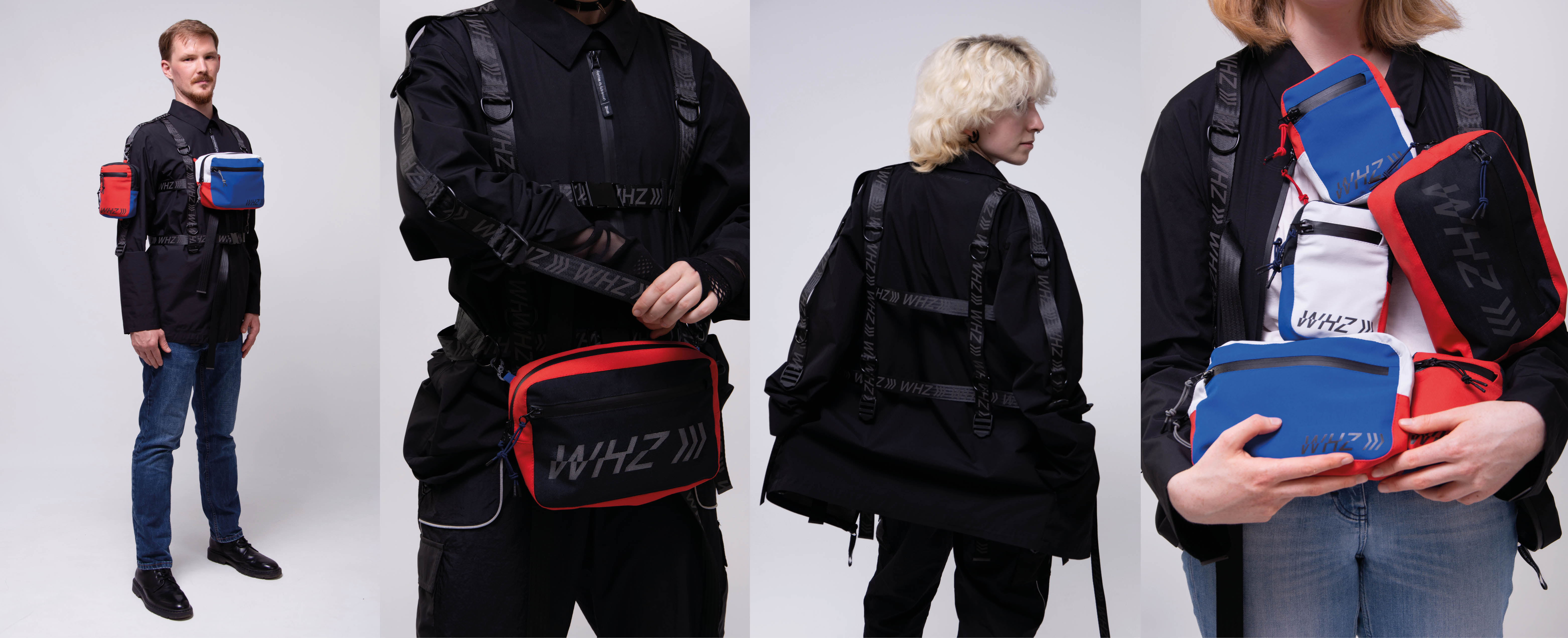 Eine Collage zeigt 4 Fotos von einer schwarzen Funktionsjacke mit bedruckten Gurten und mit auffälligen Taschen in rot, blau und hellgrau. Der Druck der Gurte zeigt die Buchstaben WHZ. Das erste Foto zeigt einen jungen Mann mit kurzen Haaren. Er steht und trägt die Jacke mit 2 bunten Taschen und eine hellblaue Jeans. Das 2. Foto zeigt eine Nahaufnahme der Jacke und einer roten Tasche. Die Person zieht an einem Gurt, der Ärmel wird gerafft. Das dritte Foto zeigt eine junge Frau von hinten. Sie hat blondierte, leicht gelockte, halblange Haare. Auch sie trägt die Jacke. Auf dem 4. Foto sieht man eine junge Frau mit der geöffneten, schwarzen Jacke. Sie hält alle bunten Taschen in den Händen.