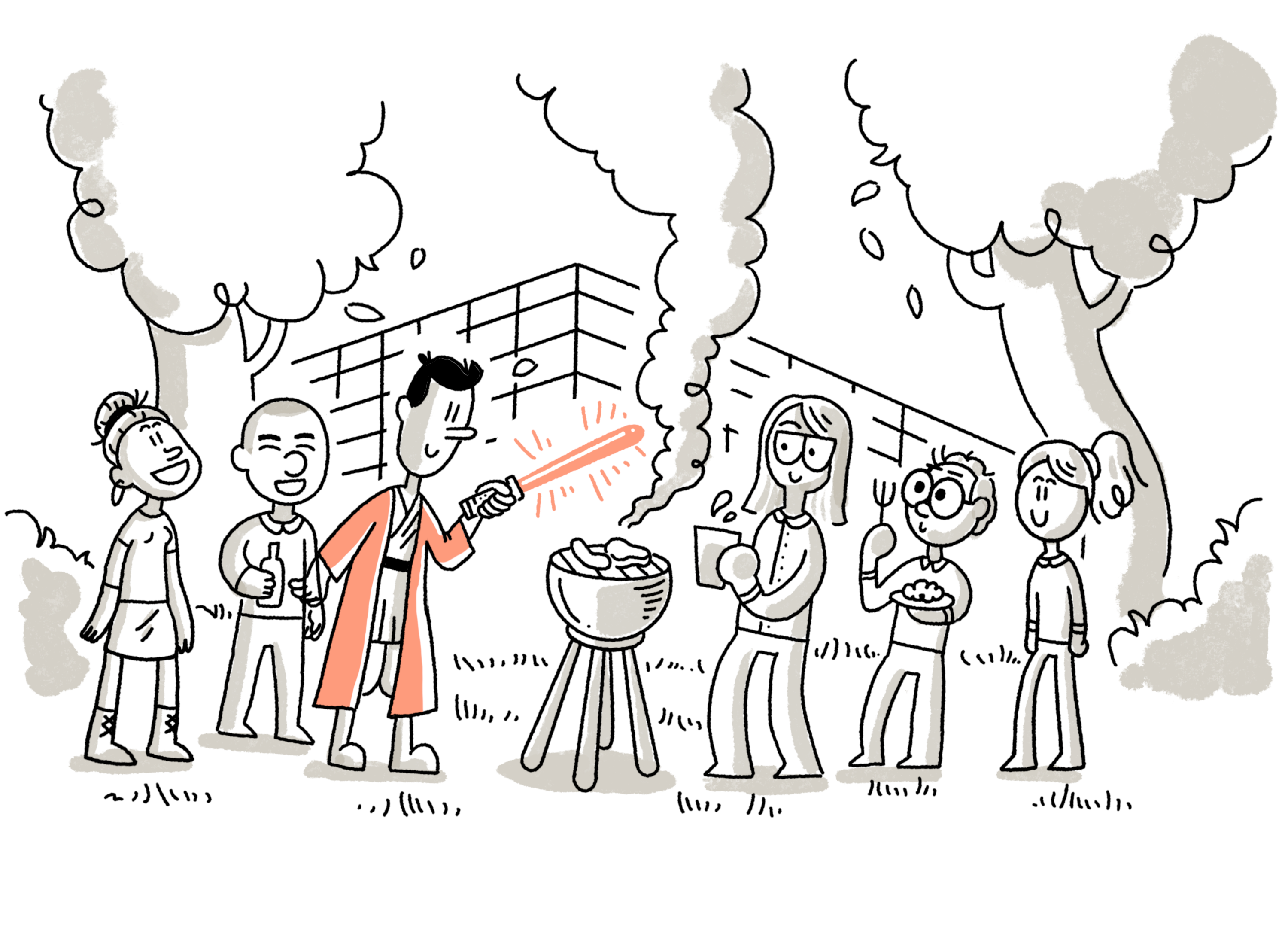 Comiczeichnung: ein Gruppe Studierender grillt auf dem Campus. 