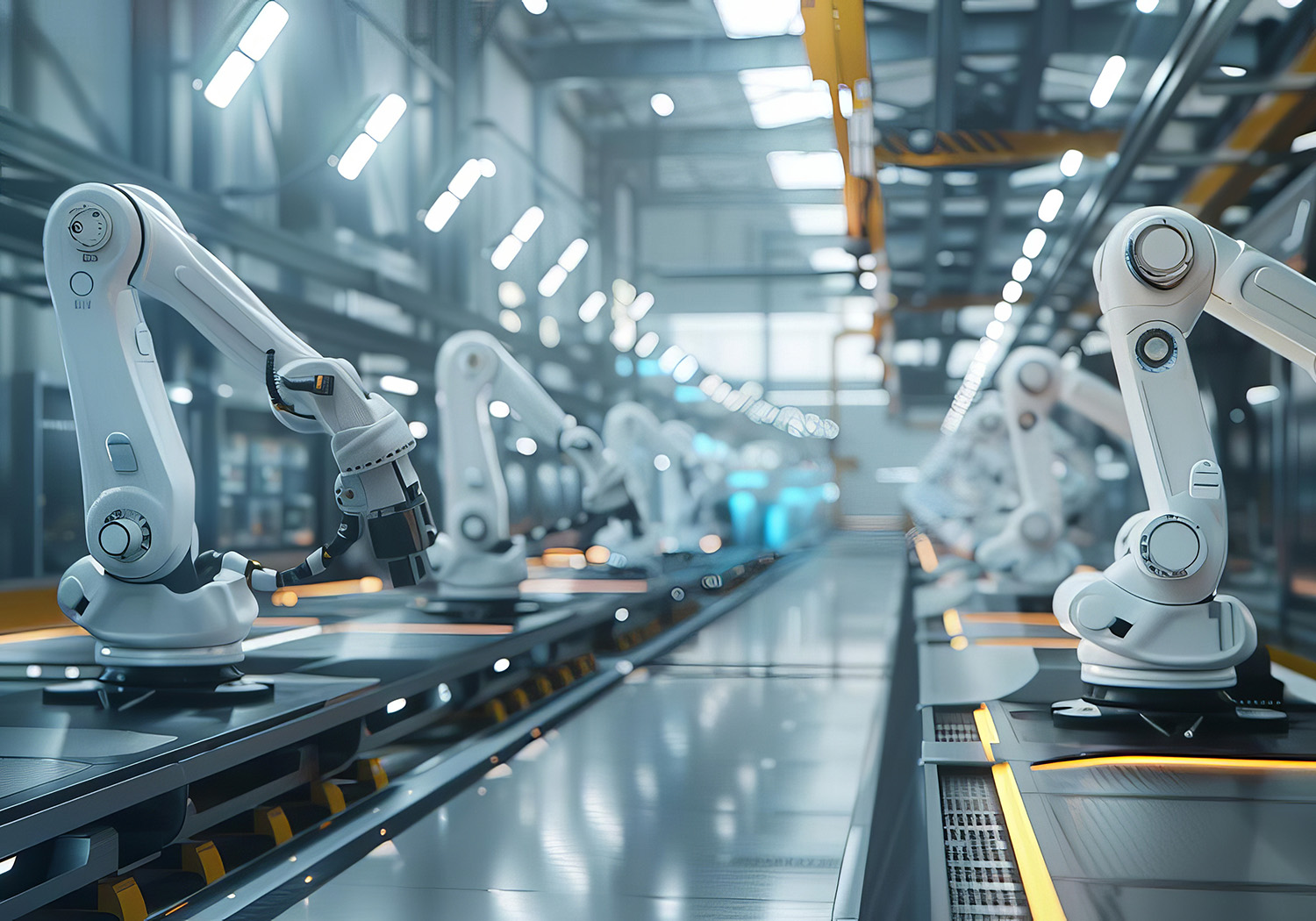 viele weiße Roboterarme an einem Fließband 