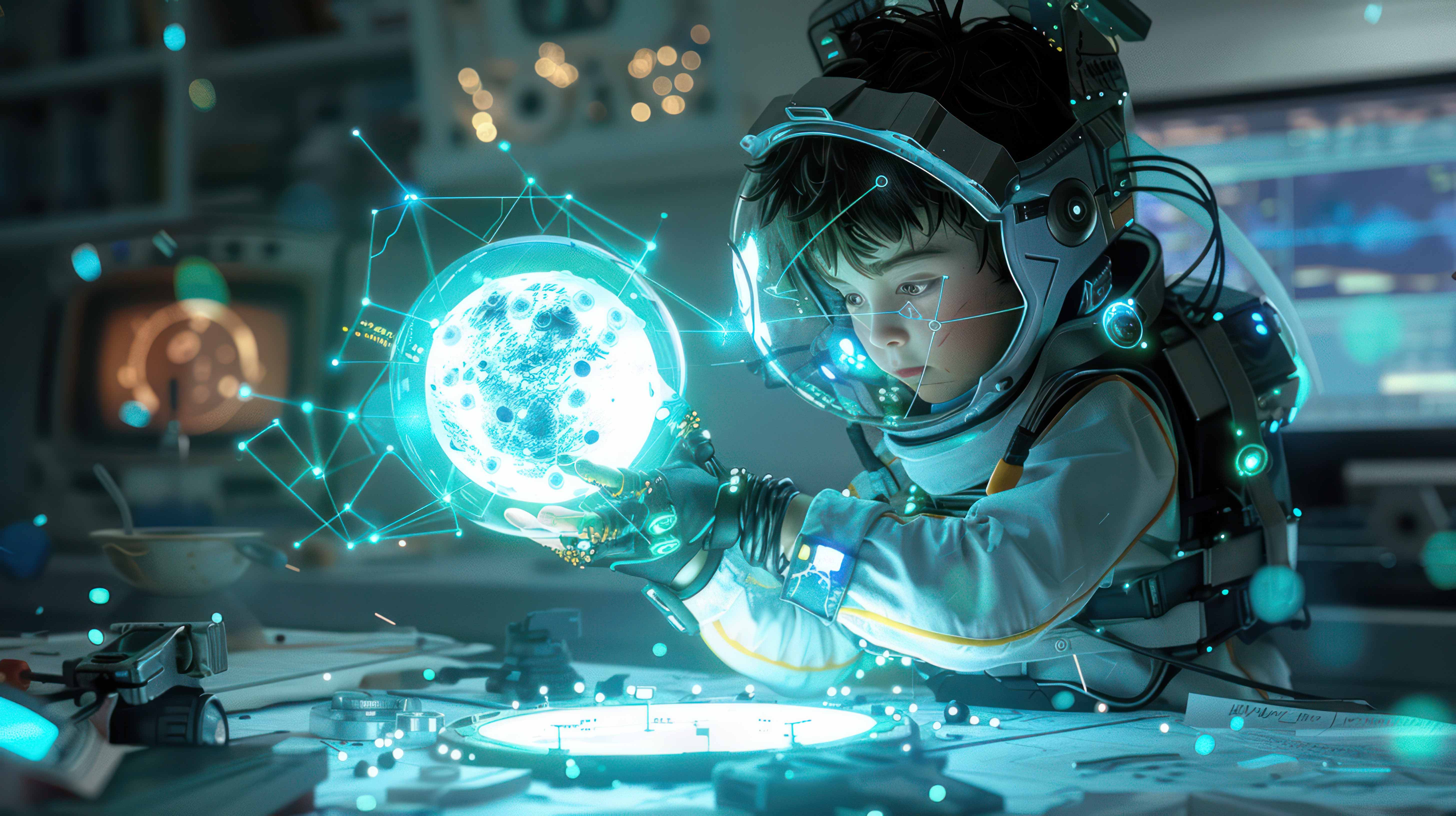 Ein Kind in einem Raumamzug steht an einem Tisch und betrachtet verschiedene Projektionen