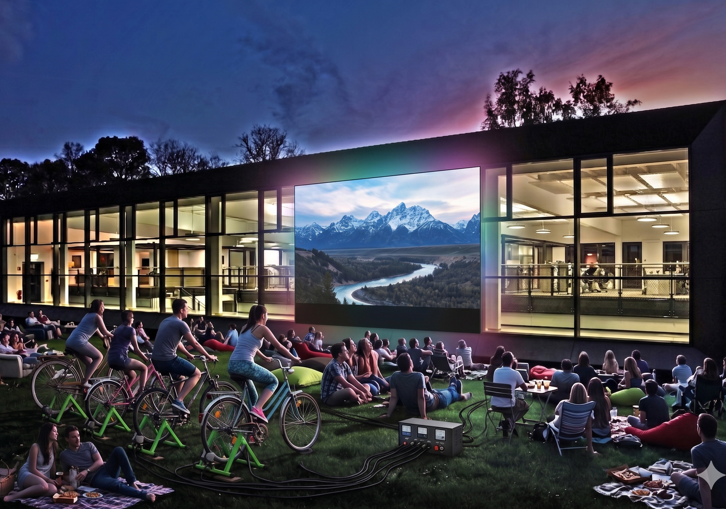 BEsucher sitzen vor einer Leinwand und schauen einen Film. Der Strom wird mit Fahrradgeneratoren erzeugt. 