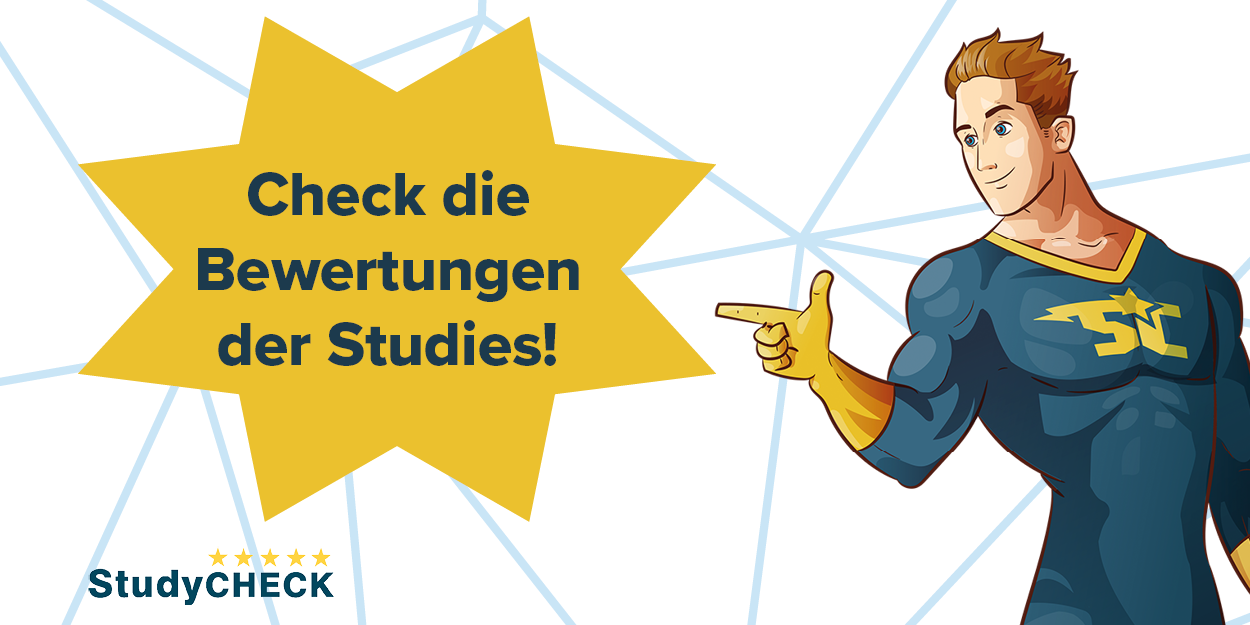 Ein Banner zeigt einen Comic-Helden, der auf den Schriftzug "Check die Bewertungen der Studies" zeigt