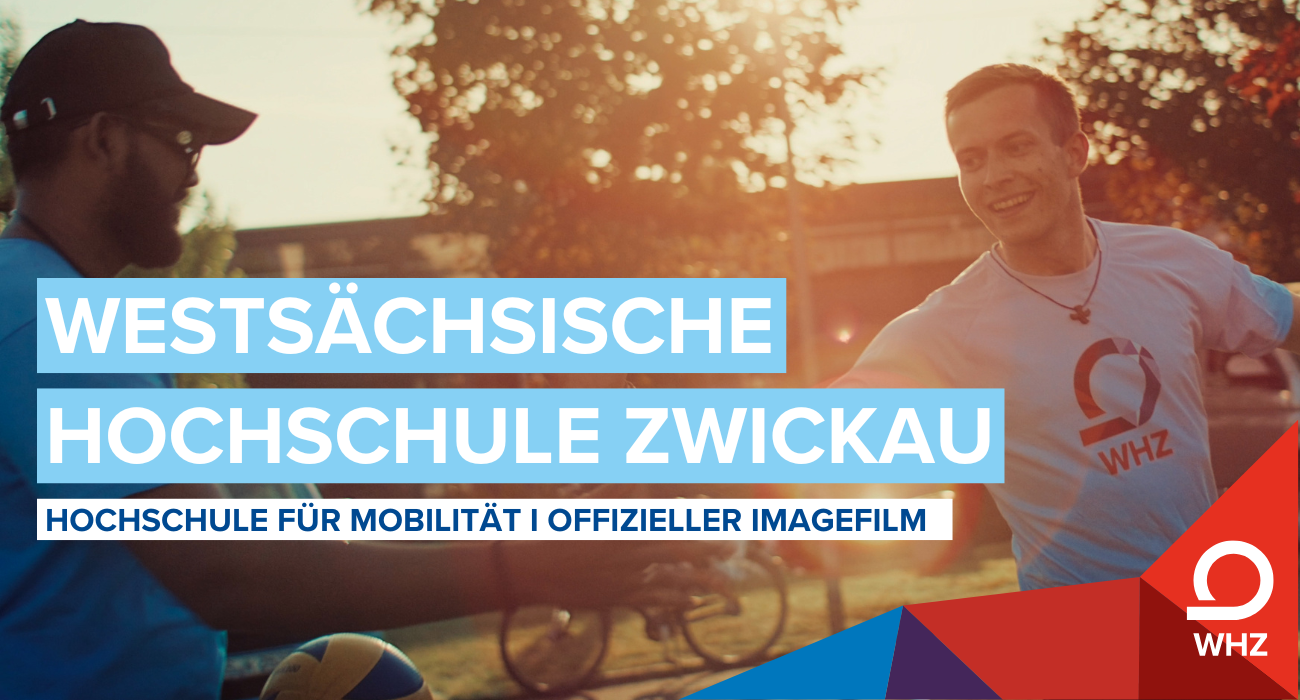Vorschaubild - im Hintergrund klatschen sich zwei Studierende mit WHZ-Shrt ab, im Vordergrund der Schriftzug Westsächsischen Hochschule Zwickau