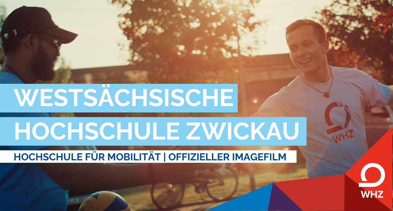 Vorschaubild - im Hintergrund klatschen sich zwei Studierende mit WHZ-Shrt ab, im Vordergrund der Schriftzug Westsächsischen Hochschule Zwickau