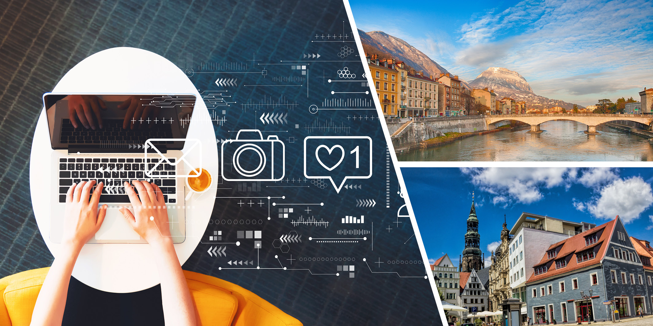 Foto dreigeteilt: Laptop von oben mit Grafikelementen aus dem Bereich Medien, daneben Panoramen der Städte Grenoble und Zwickau