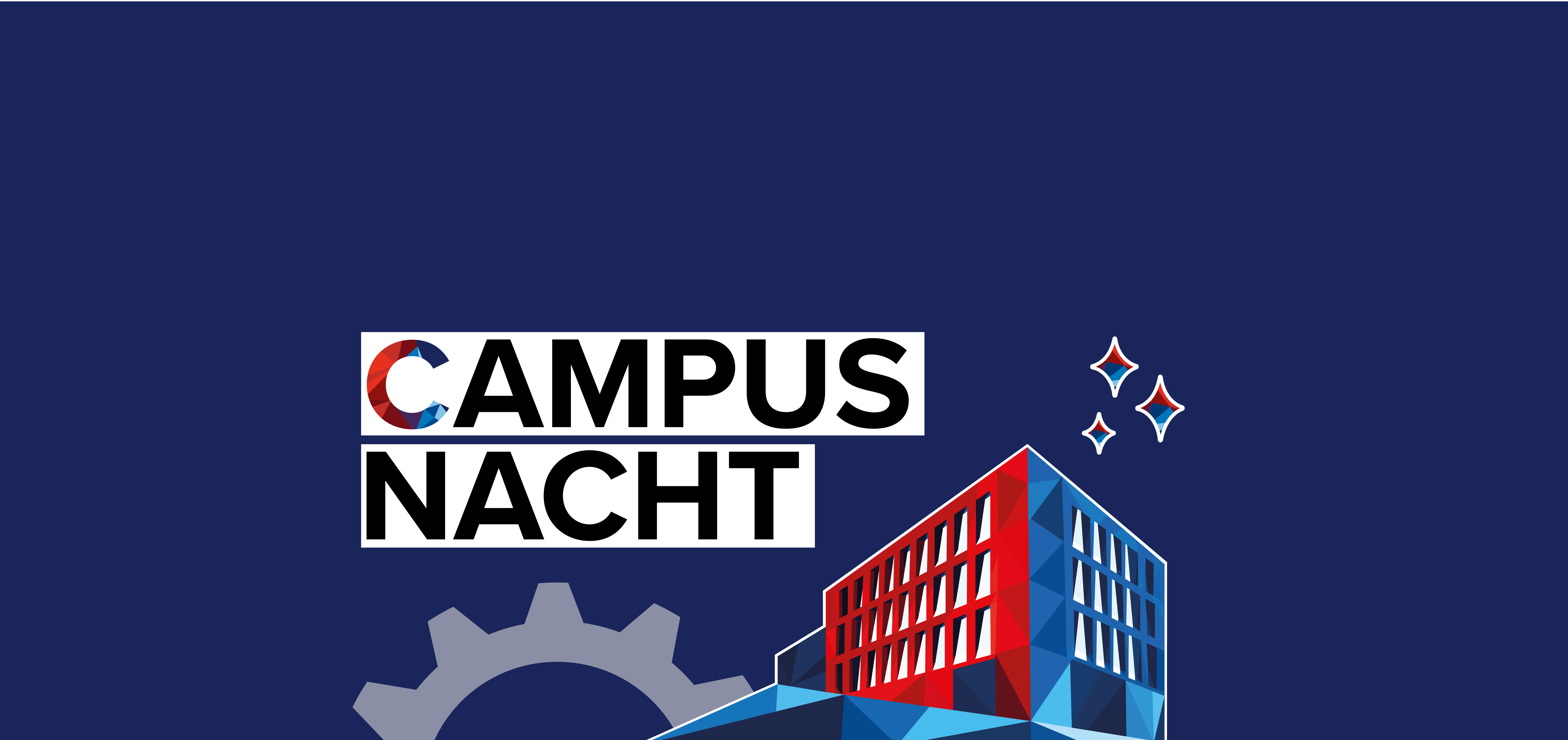 Schriftzug Campusnacht auf blauem Hintergrund dazu Grafiken von Zahnrad, Technikum und Sternen. 
